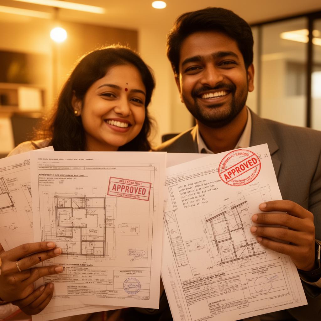 Happy couple receiving approved building plans